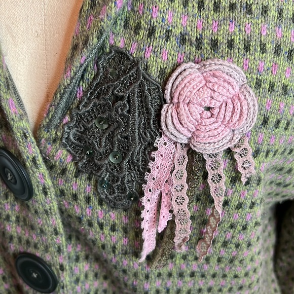 Lambs wool, silk and cashmere in this jacket style sweater with whimsy. - Picture 4 of 8